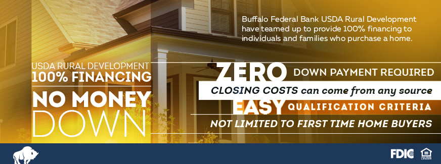 USDA Rural Development 100% Financing, No Money Down, Closing costs from any source, easy qualification criteria, not limited to first time home buyers.